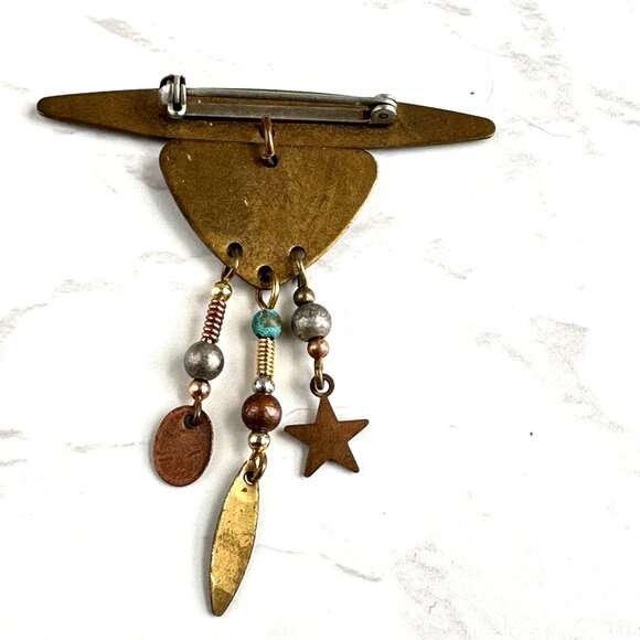 Artisan Celestial Pin Copper Brass Silver Star & Textured Charms Unique Handmade - Picture 6 of 6